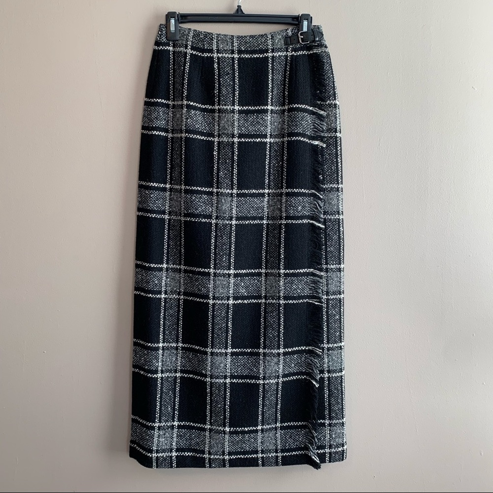 Talbots Vintage Black White Plaid Woven Blanket Fringe Lined Midi Wrap Skirt 4